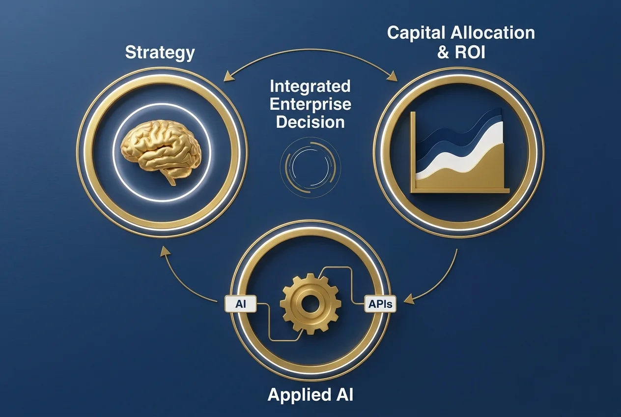 Strategy, capital allocation and ROI, and applied AI connected in one integrated enterprise decision system.